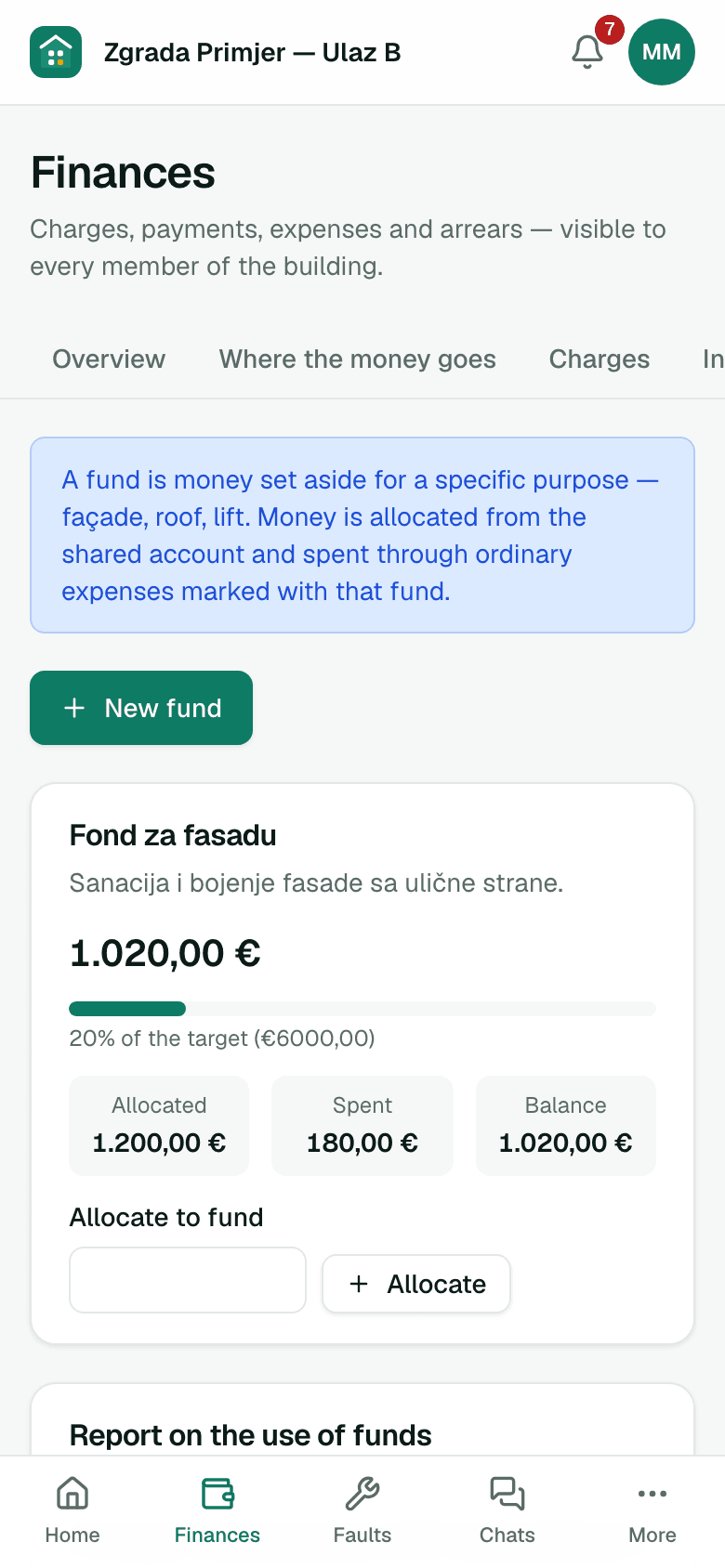 Building funds with allocated and spent amounts — on a phone