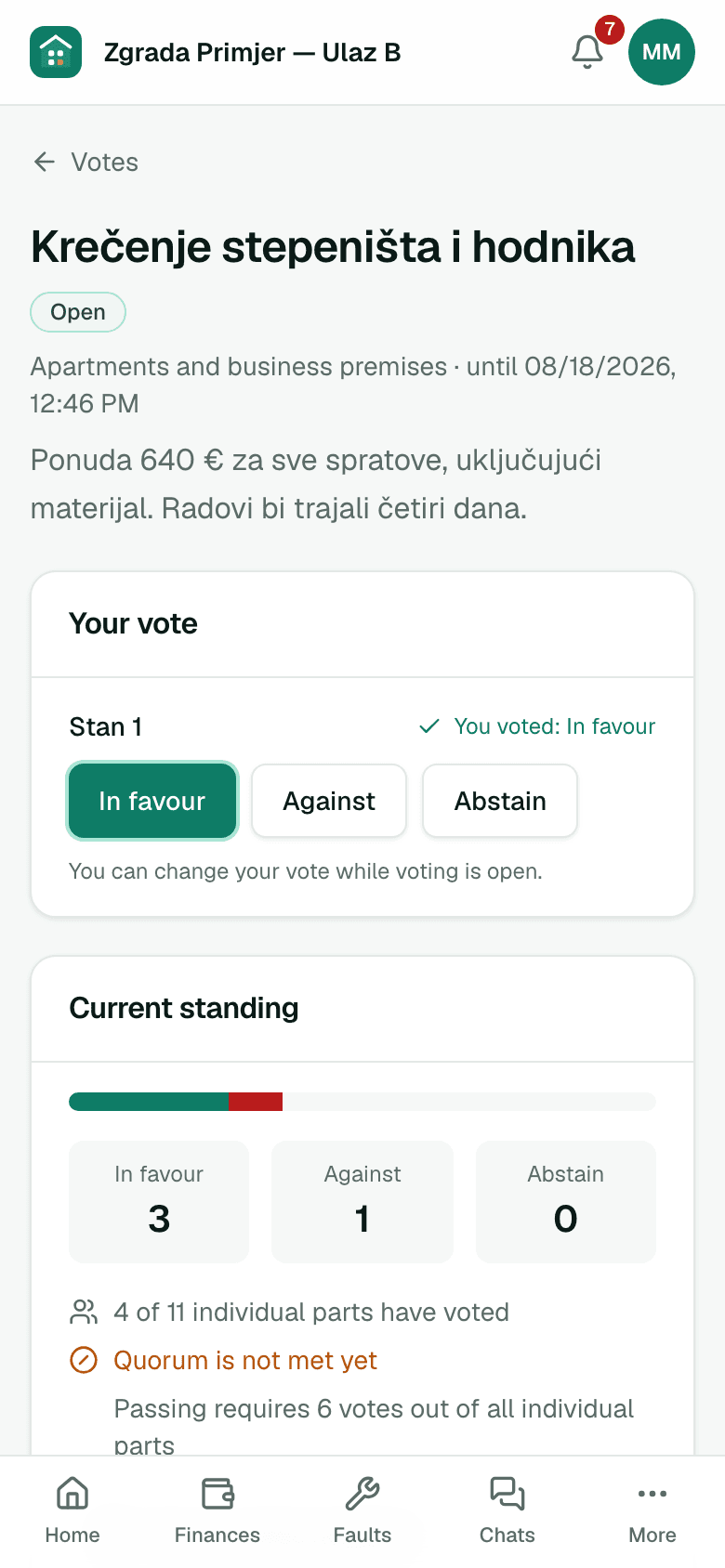 A vote with its result, quorum and majority rule — on a phone
