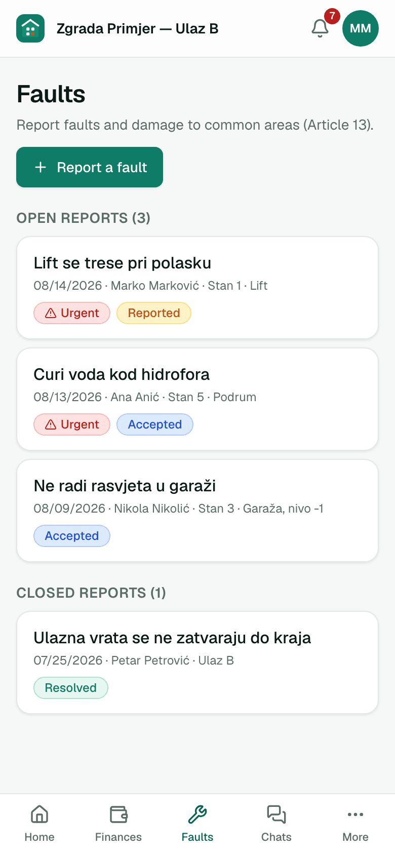 Fault reports with statuses — on a phone