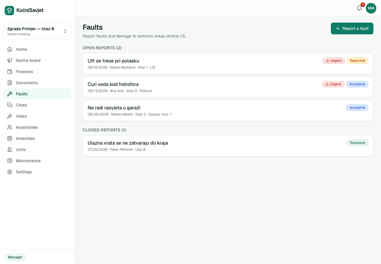 Fault reports with statuses