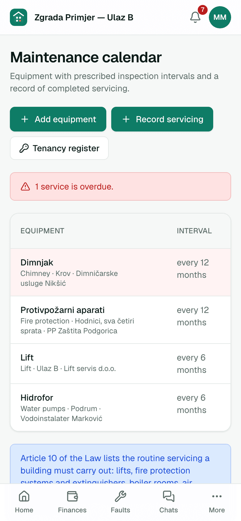 Calendar of mandatory servicing with deadlines — on a phone