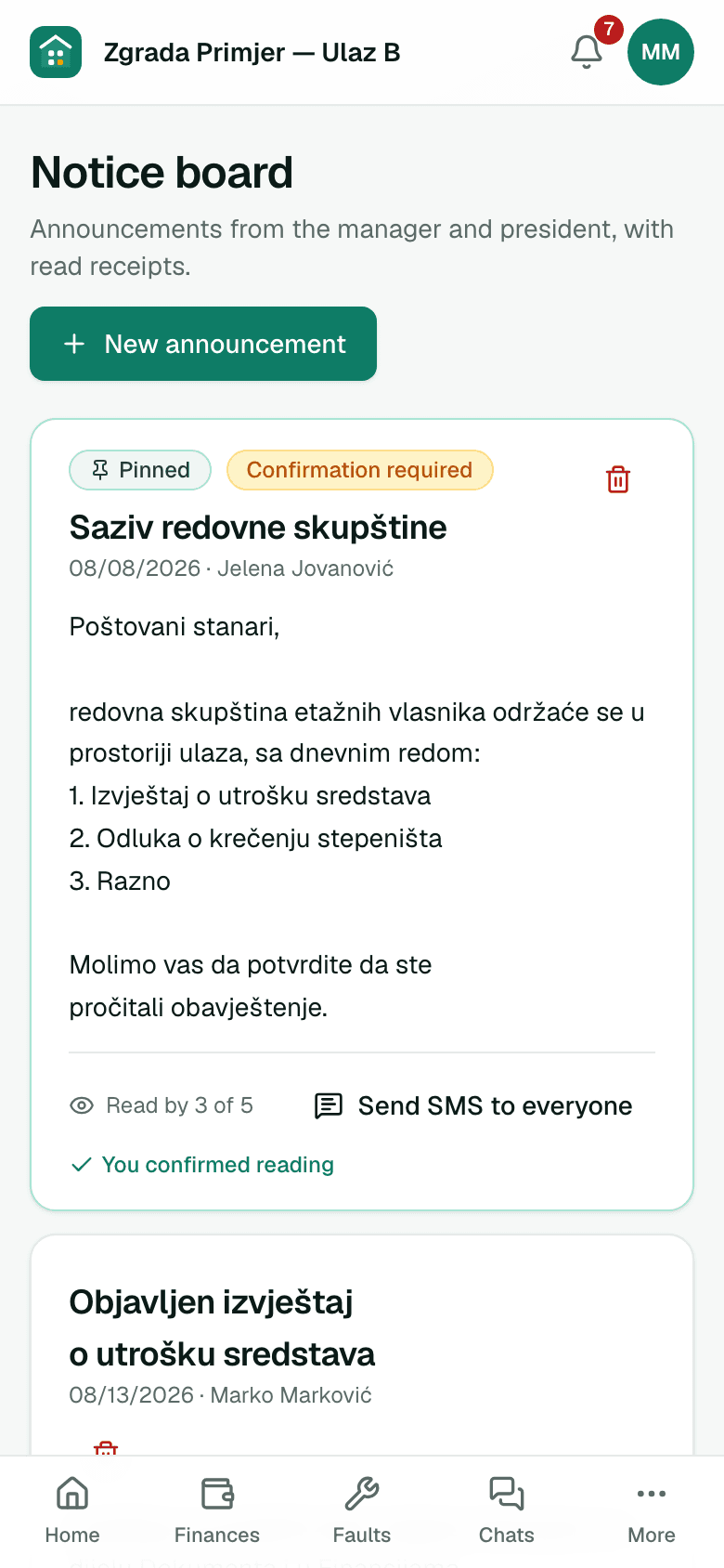 Notice board with posts and read receipts — on a phone