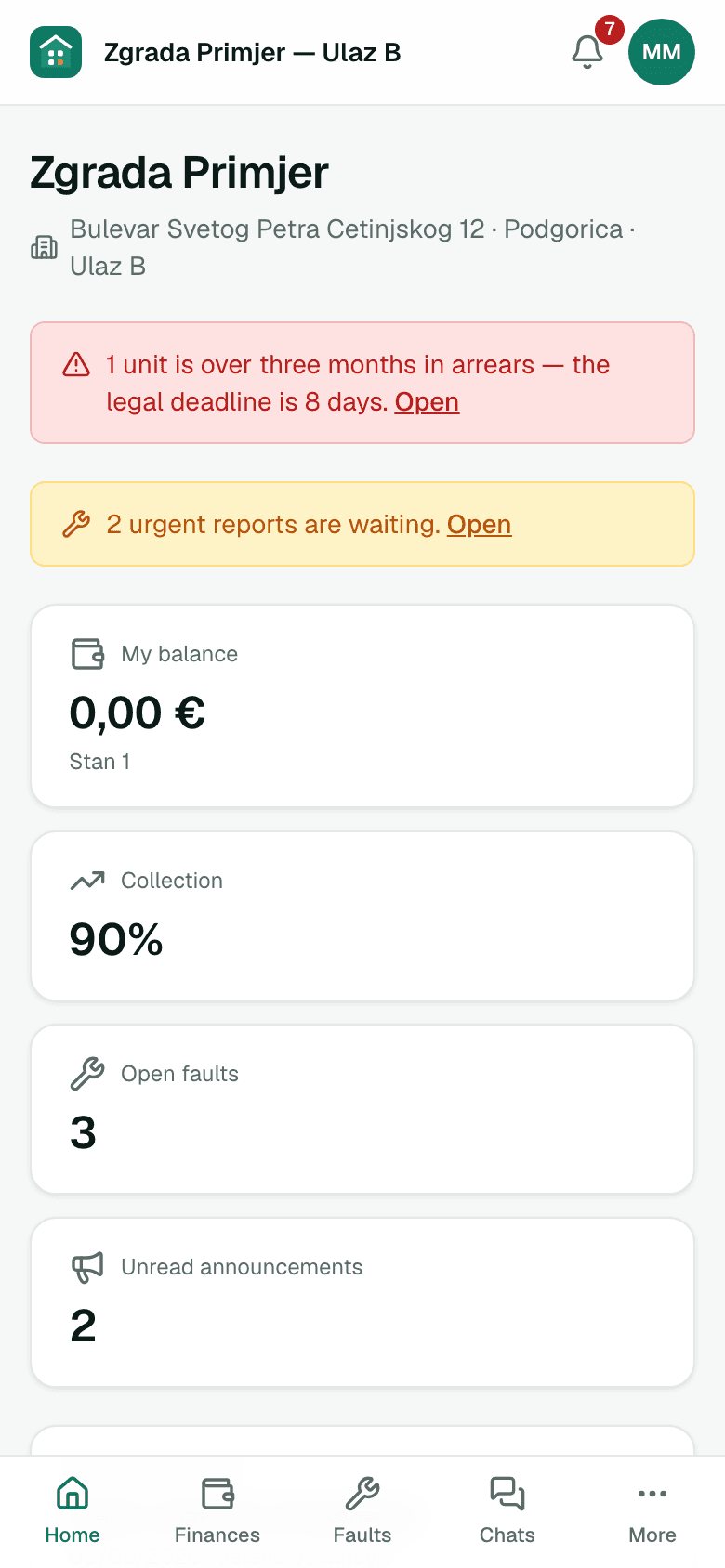 Application home screen showing collection rate, open faults and the latest notice — on a phone