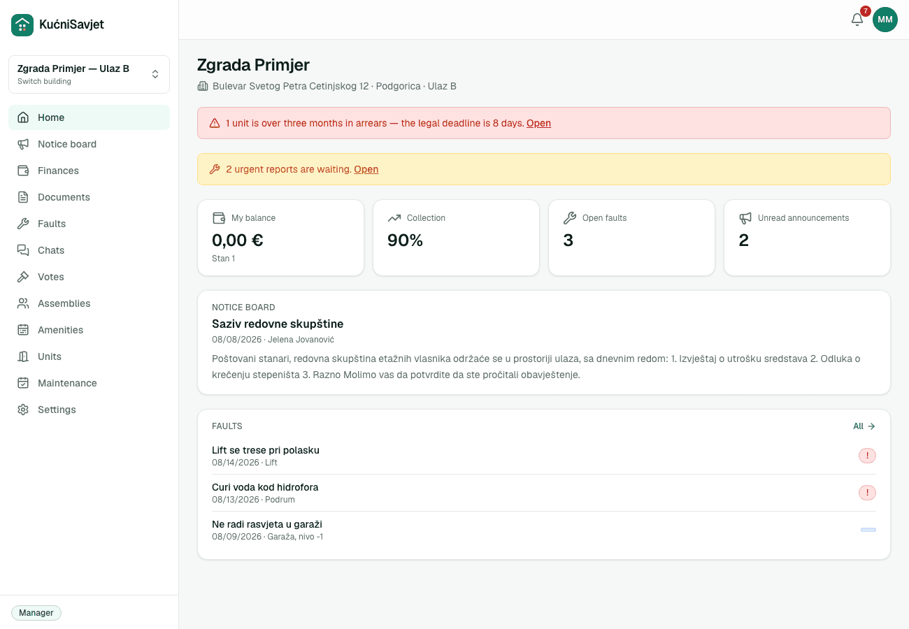Application home screen showing collection rate, open faults and the latest notice