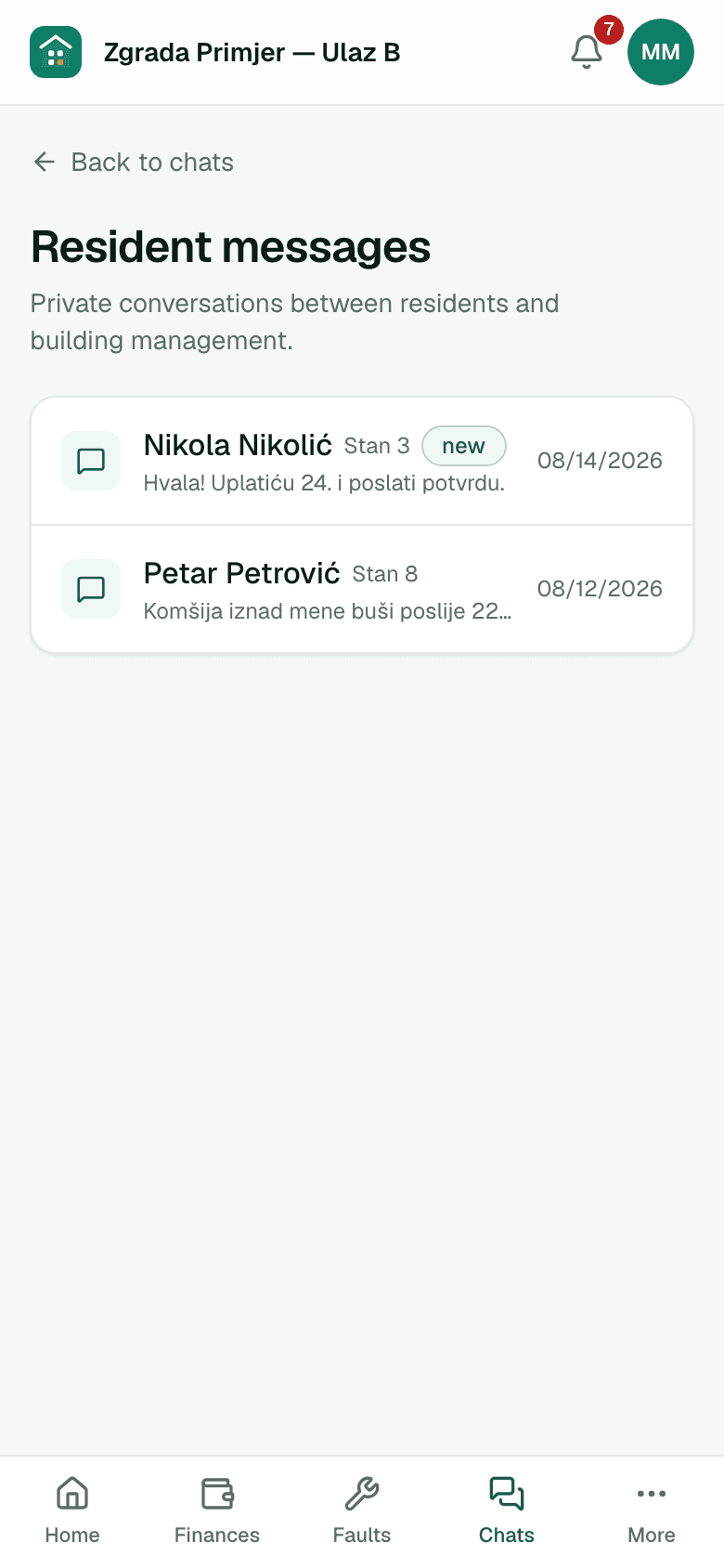 Inbox of private resident messages — on a phone