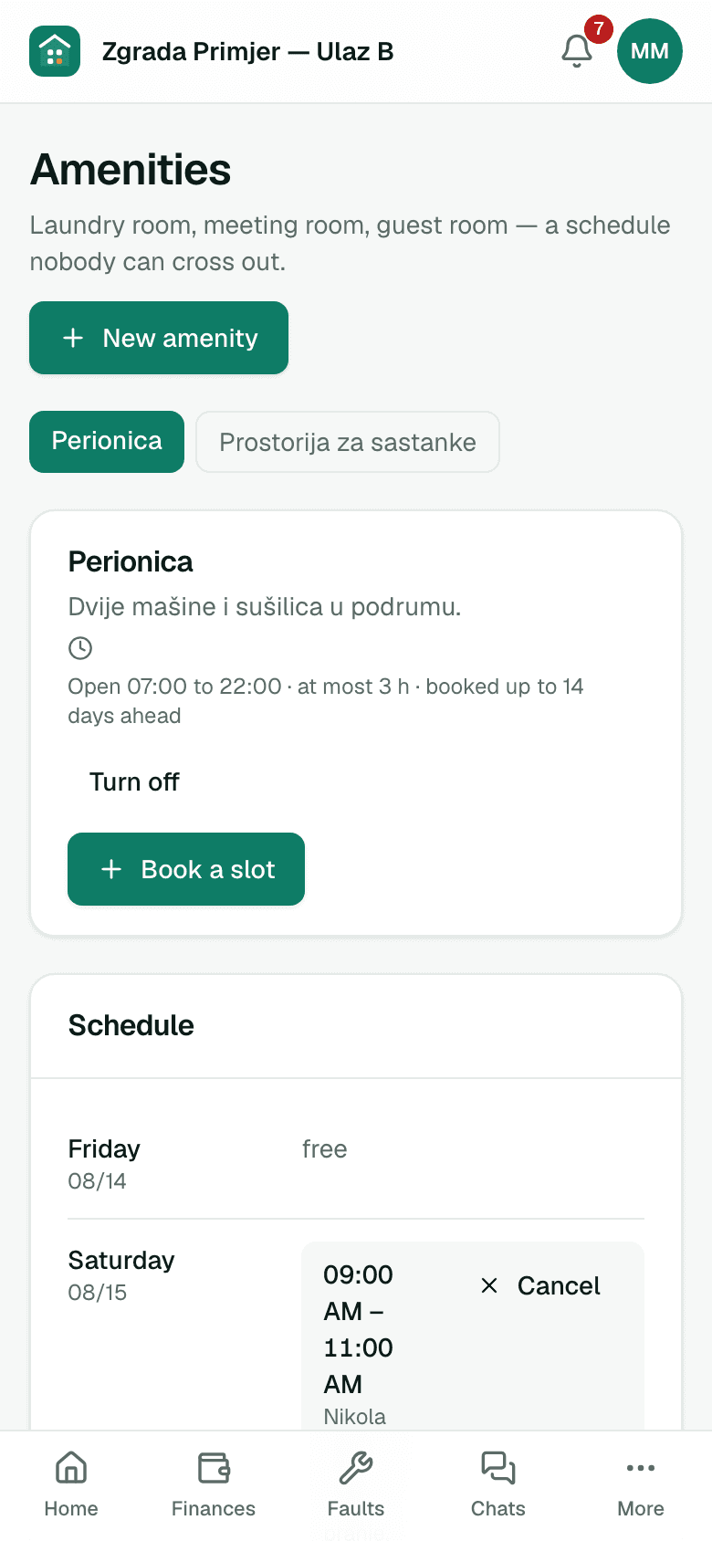 Schedule of shared amenities — on a phone