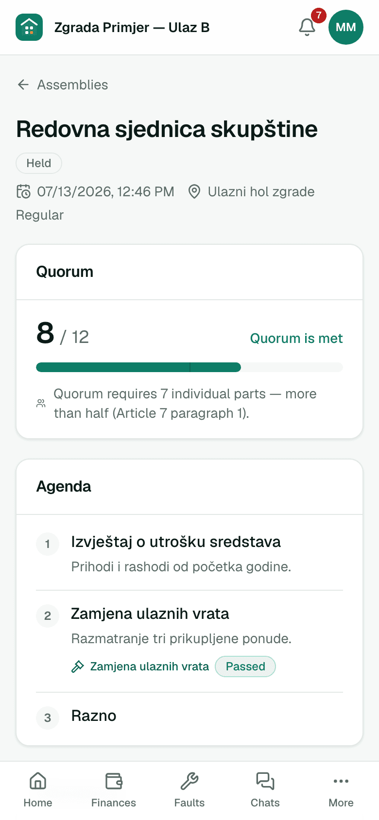 An assembly meeting with agenda and quorum — on a phone