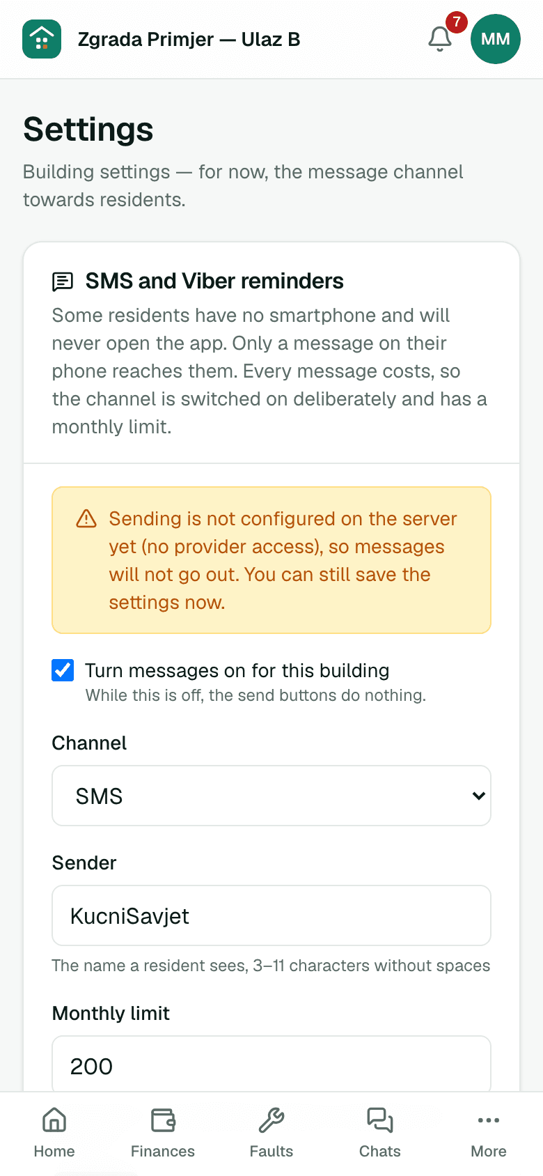 SMS reminder settings — on a phone