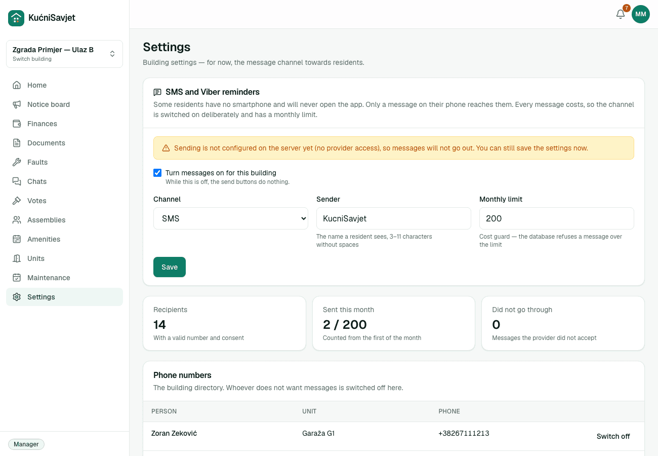 SMS reminder settings