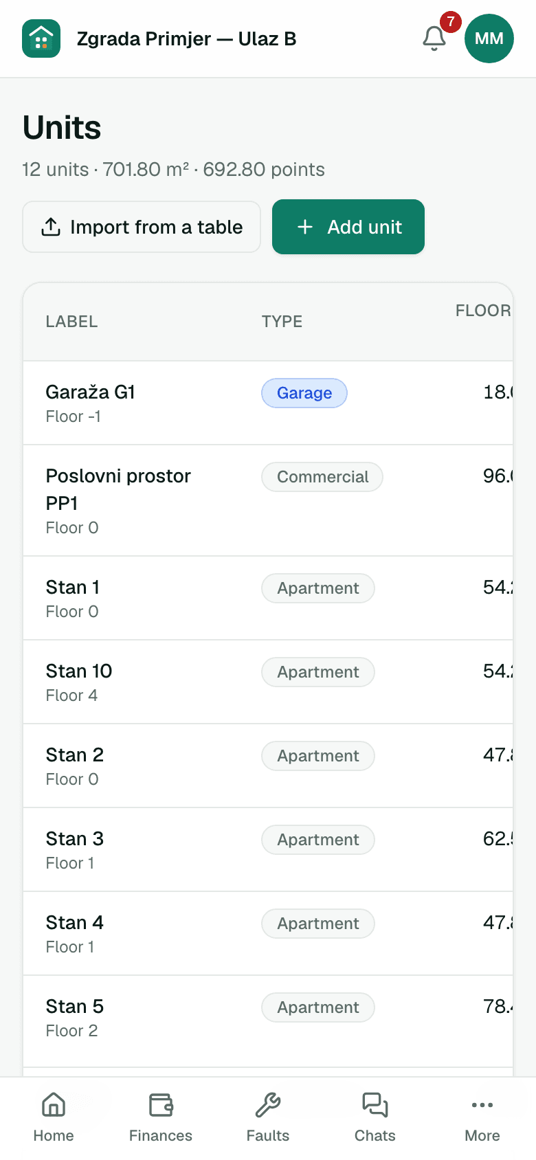 List of apartments with floor area and balance — on a phone