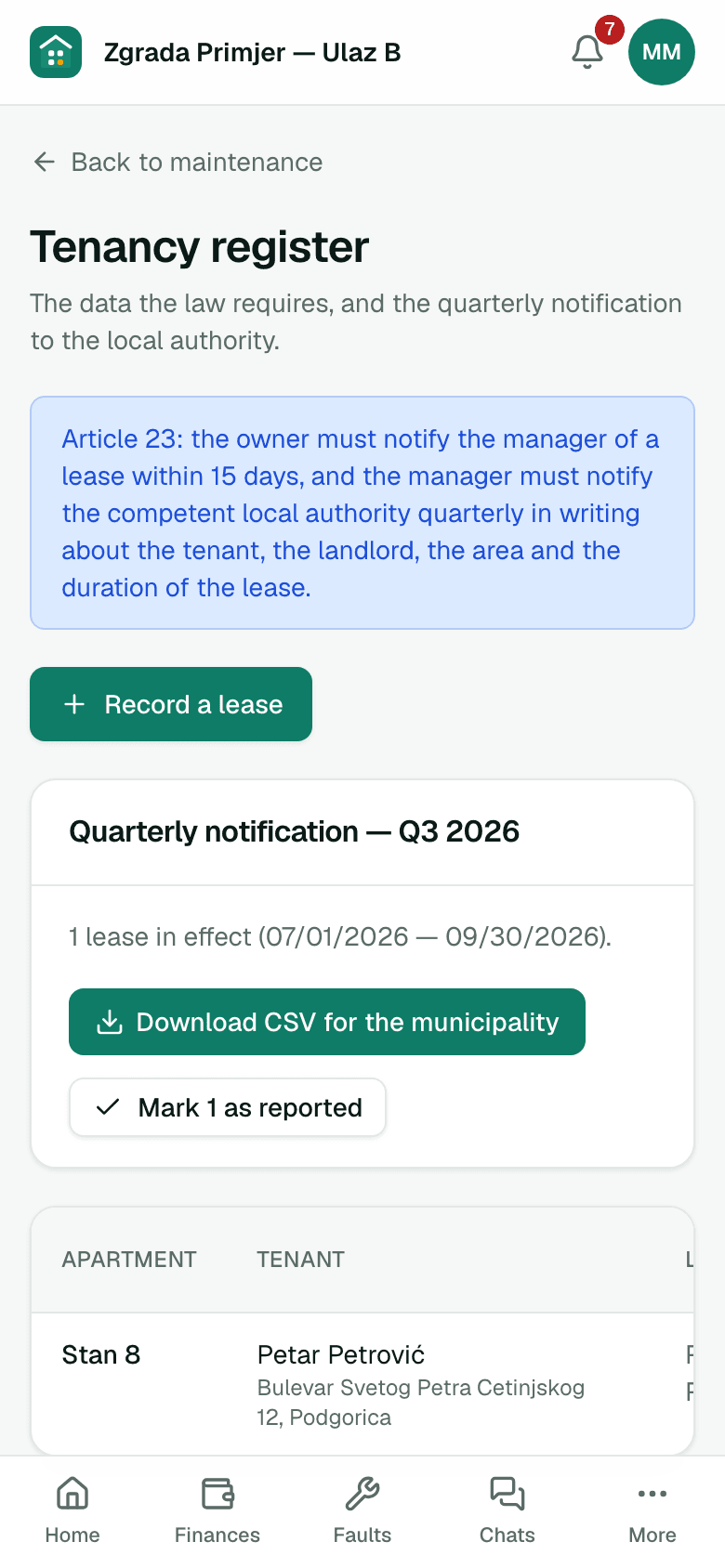 Tenancy register with tenant details and reporting deadlines — on a phone
