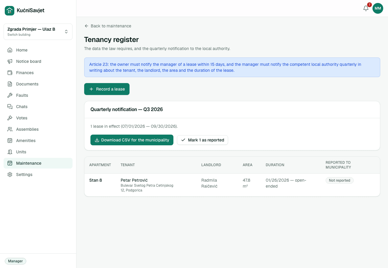 Tenancy register with tenant details and reporting deadlines