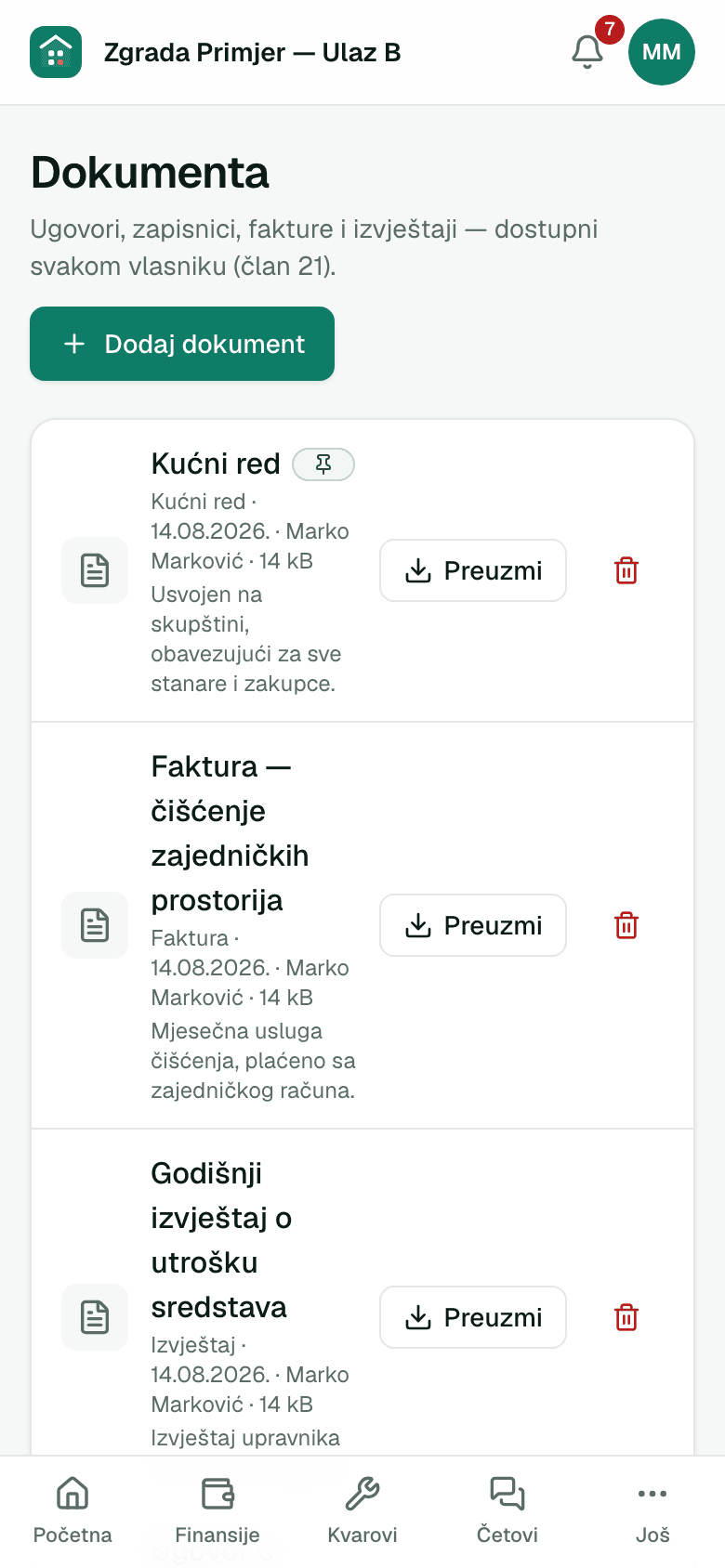 Spisak dokumenata zgrade — prikaz na telefonu