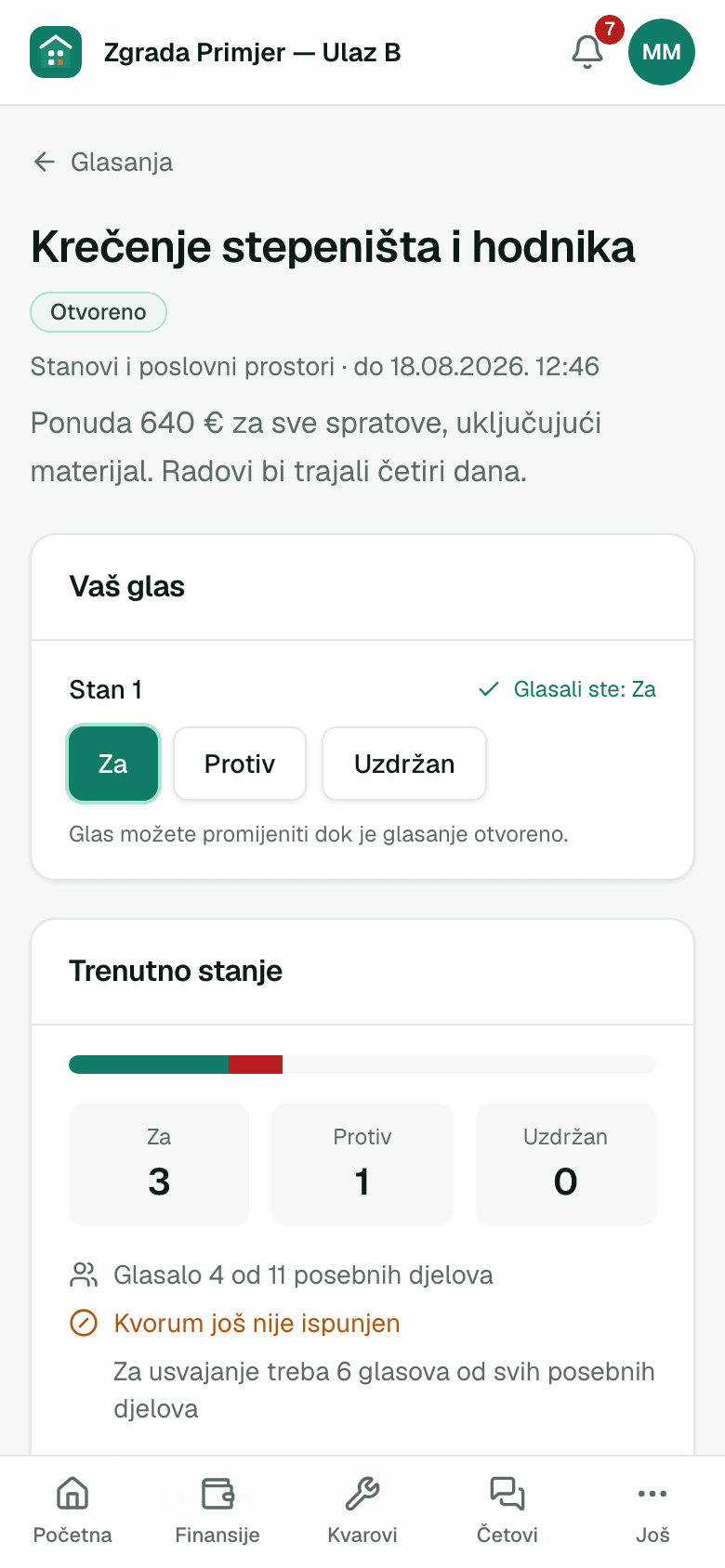 Glasanje sa rezultatom, kvorumom i pravilom većine — prikaz na telefonu