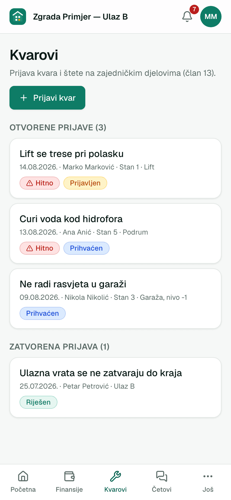 Prijave kvarova sa statusima — prikaz na telefonu
