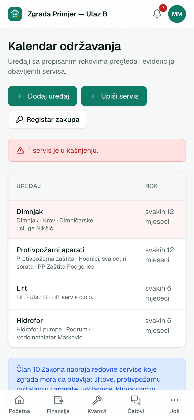 Kalendar obaveznih servisa sa rokovima — prikaz na telefonu