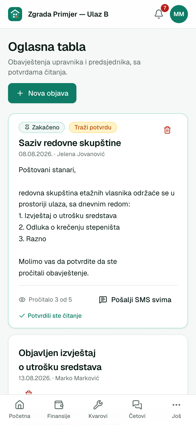 Oglasna tabla sa objavama i potvrdama čitanja — prikaz na telefonu