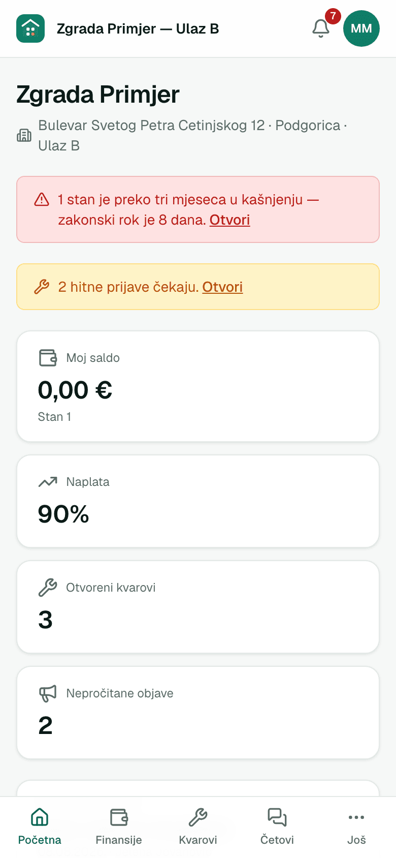 Početna strana aplikacije: stanje naplate, otvoreni kvarovi i posljednja objava — prikaz na telefonu