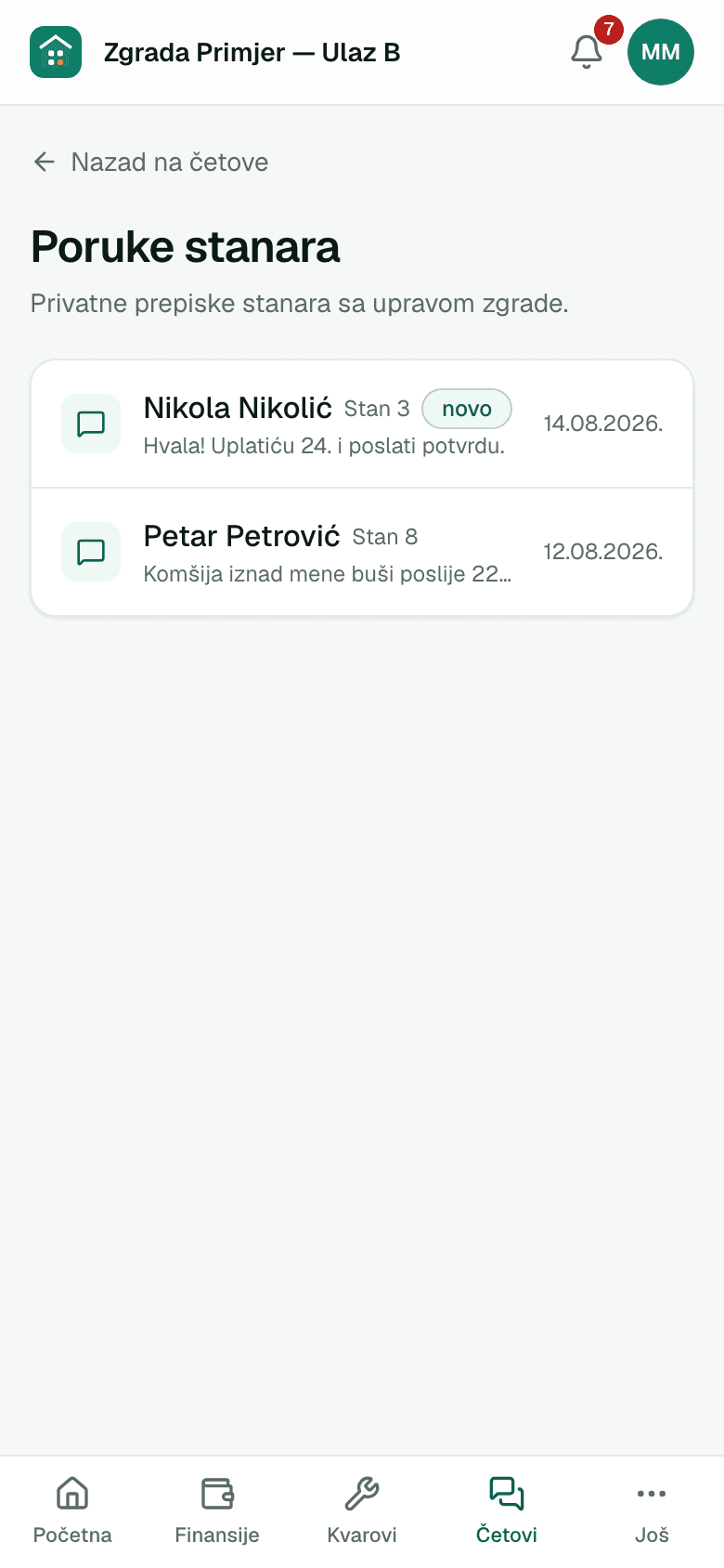 Sanduče privatnih poruka stanara — prikaz na telefonu