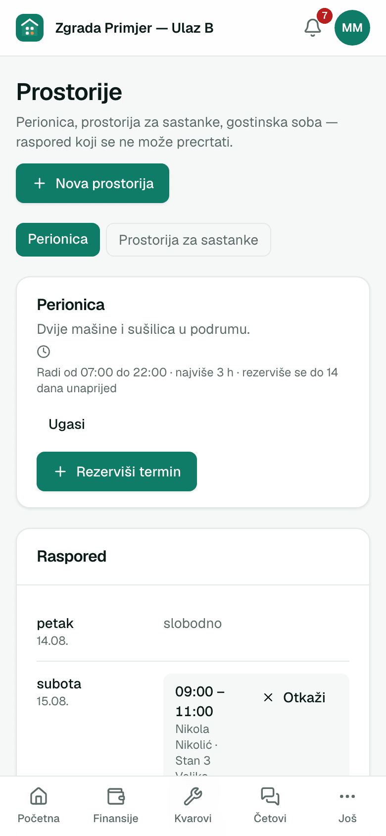 Raspored zajedničkih prostorija — prikaz na telefonu