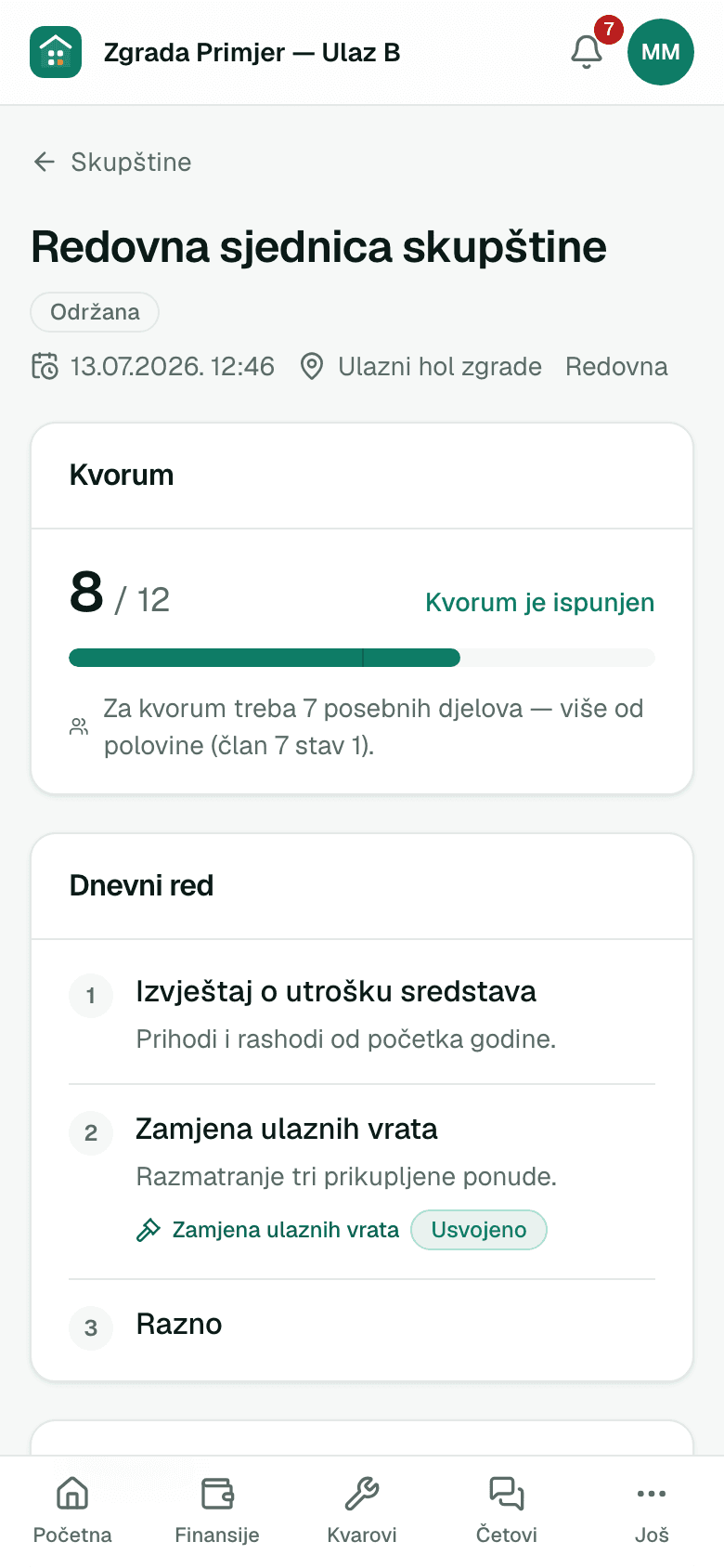 Sjednica skupštine sa dnevnim redom i kvorumom — prikaz na telefonu
