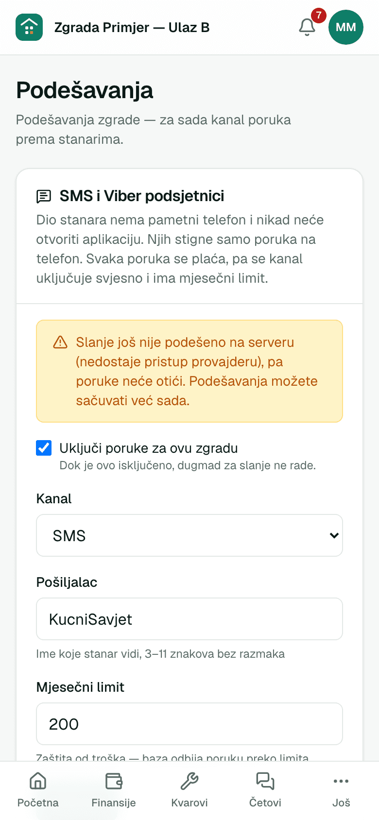 Podešavanje SMS podsjetnika — prikaz na telefonu