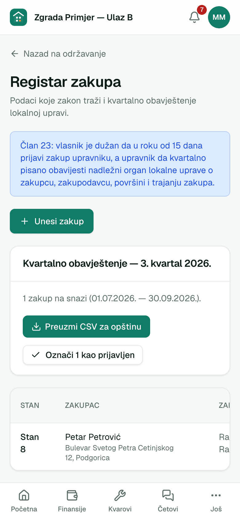 Registar zakupa sa podacima o zakupcima i rokovima prijave — prikaz na telefonu